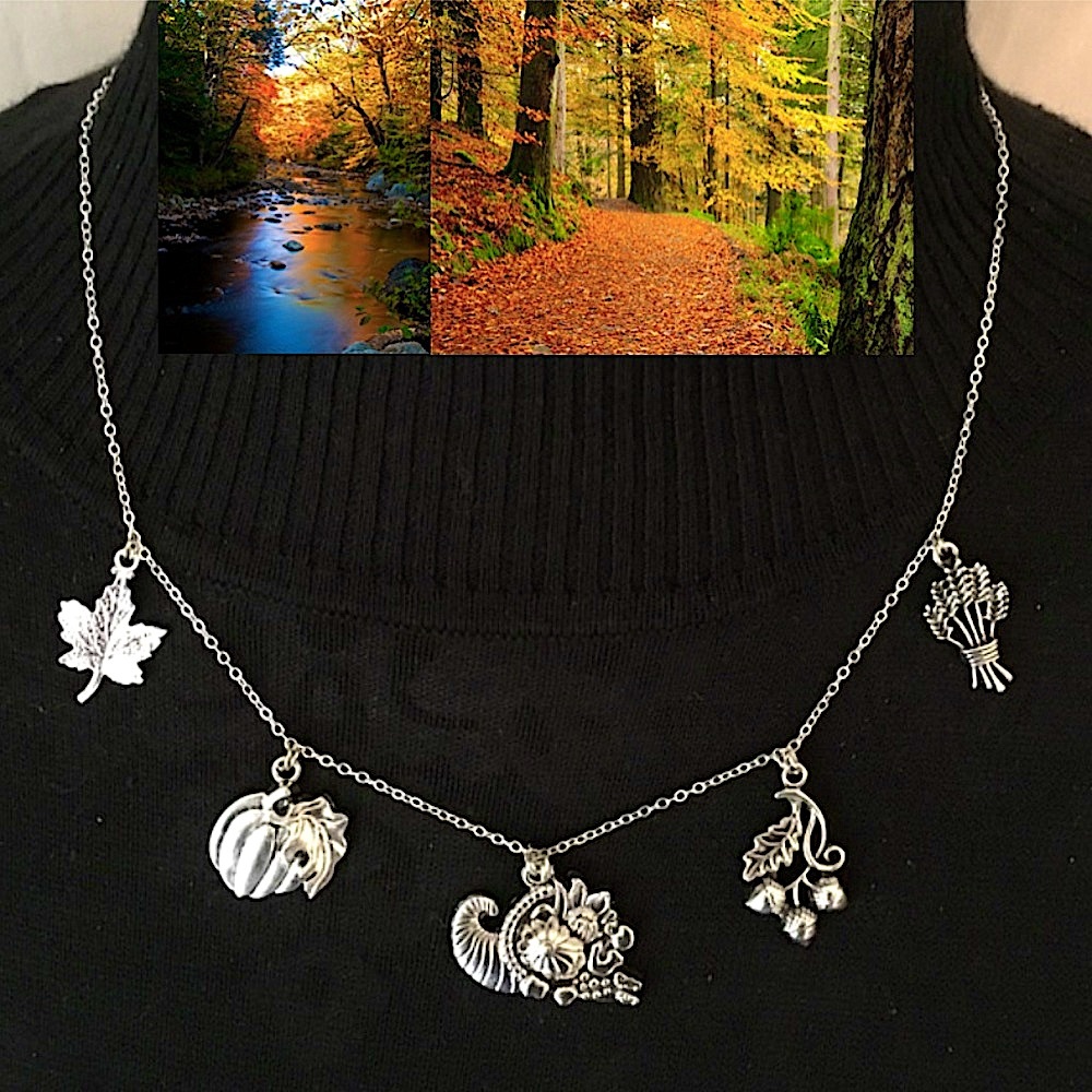 "Autumn Harvest" Handmade Fall Silver Charm Necklace, Cornucopia, Pumpkin, Wheat